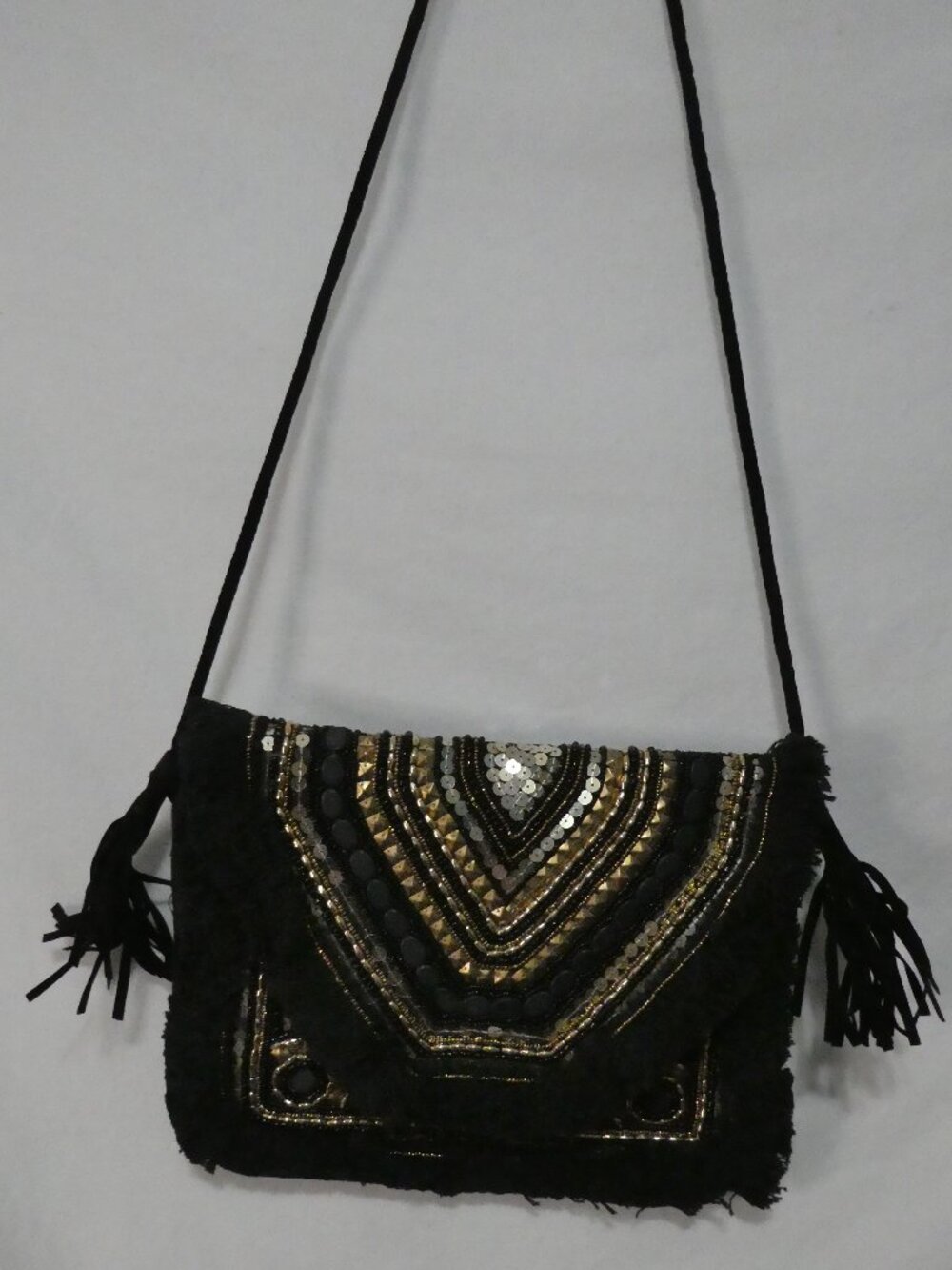 Boho Banjara Beaded Crossbody Sling Bag Black Gold